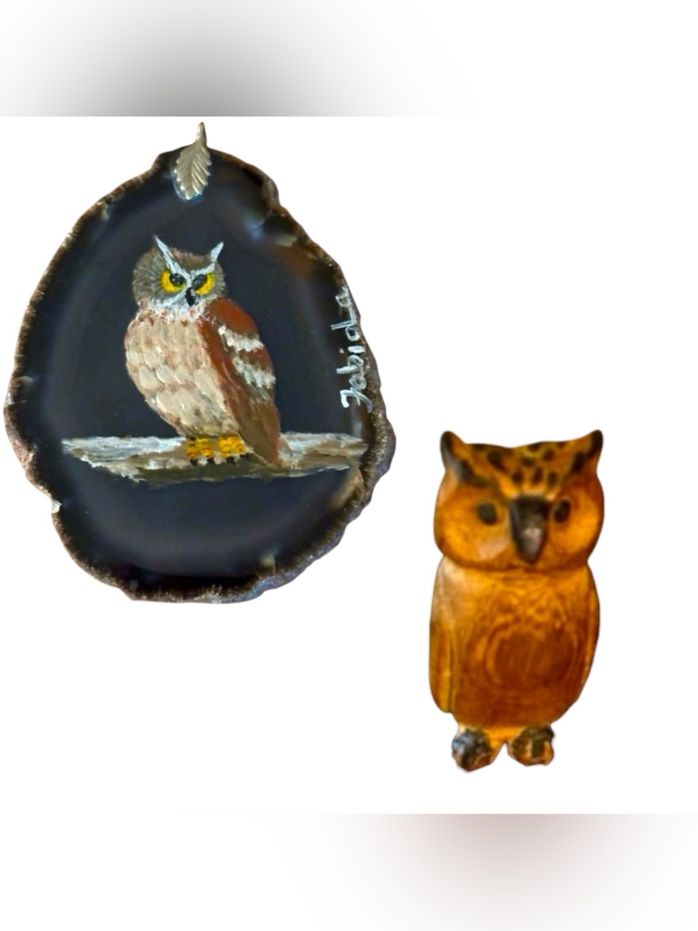 70’s 2 Pc Owl Bundle by Fabiola - Large Painted Agate Pendant & Wood Carved Owl